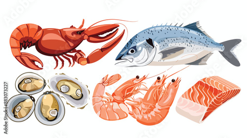 Four of Raw Seafood Flounder Mackerel Fish Squid 