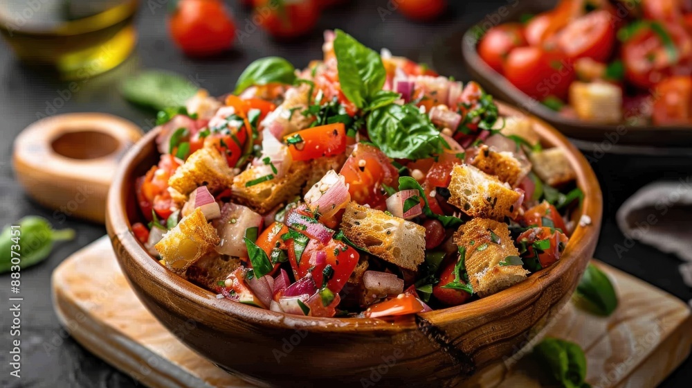 A classic panzanella salad beautifully presented in a rustic wooden bowl, incorporating fresh ingredients like diced tomatoes, onions, and croutons, enhanced with delicious herbs and flavors. A classic panzanella salad beautifully presented in a rustic wooden bowl, incorporating fresh ingredients like diced tomatoes, onions, and croutons, enhanced with delicious herbs and flavors.