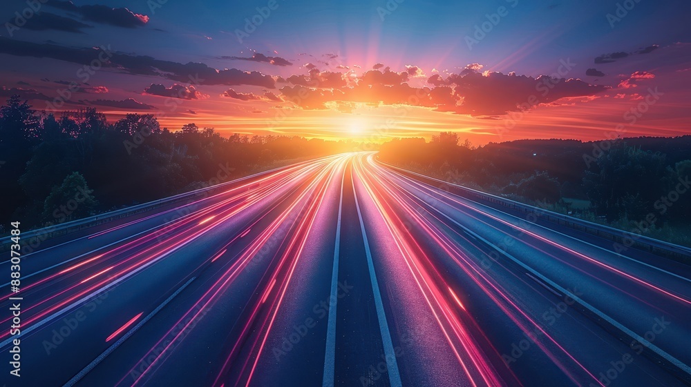 Dynamic motion blur of highway traffic at sunset with beautiful sky colors. Long exposure photography capturing light trails. Dynamic motion blur of highway traffic at sunset with beautiful sky colors. Long exposure photography capturing light trails.
