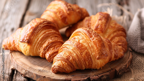  Appetizing croissants on wooden table close-up