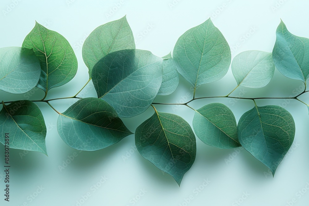 Obraz premium A close-up shot of green leaves arranged in a row on a light background, showcasing nature's beauty and simplicity.
