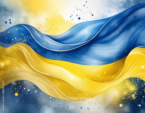 Ukrainian flag with blue and yellow flowers. Watercolor painting