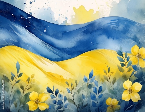 Ukrainian flag with blue and yellow flowers. Watercolor painting