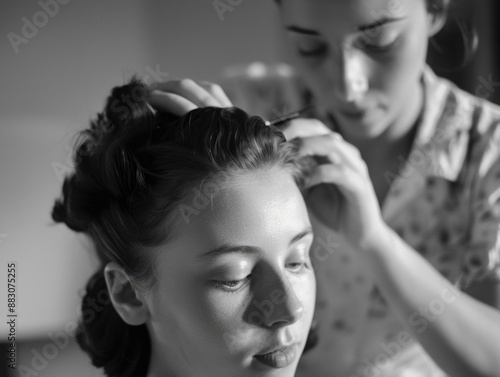 A woman sits in a salon chair having her hair styled by a professional hairstylist