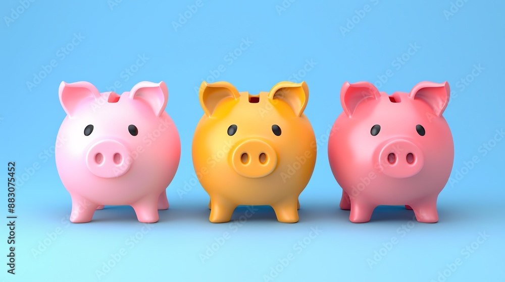 Three piggy banks, two pink and one yellow, stand in a row on a blue background. Three piggy banks, two pink and one yellow, stand in a row on a blue background.