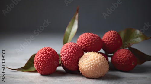 Scrumptious lychee fruits with vibrant red outer skin and translucent white flesh photo