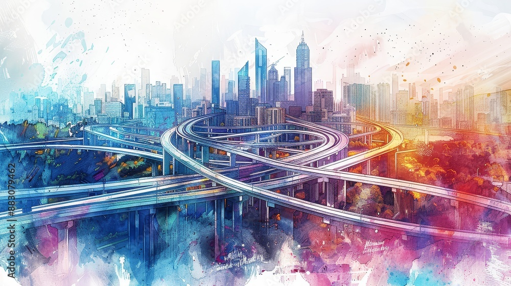 Cityscape with Complex Interchange - A watercolor painting of a complex ...