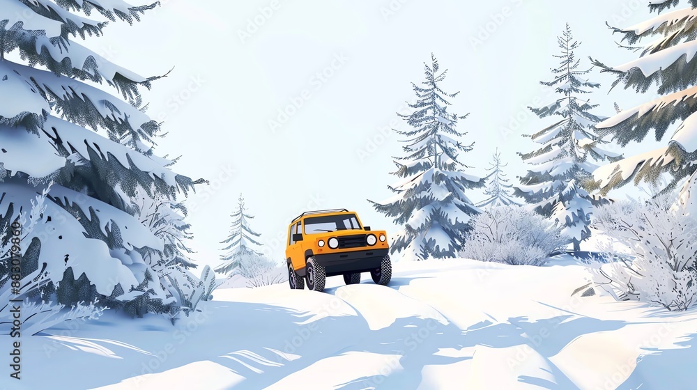 A bright yellow jeep drives through a snowy forest. A bright yellow jeep drives through a snowy forest.