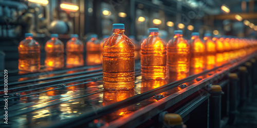 Illuminated Bottles Marching Along a High-Tech Production Line in Glowing Splendor