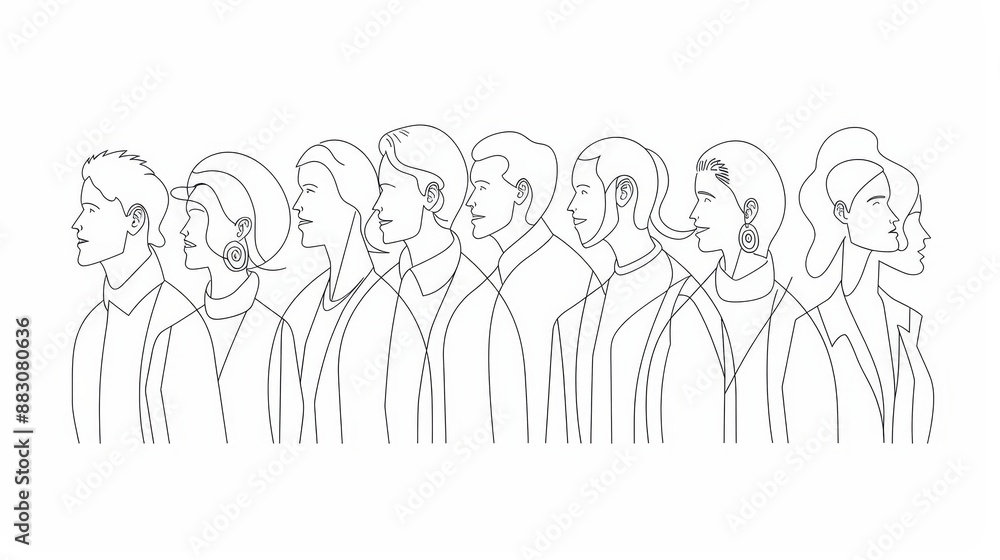Continuous Line Drawing of People in Profile - A continuous line drawing of a group of people in profile, representing unity and connection. Continuous Line Drawing of People in Profile - A continuous line drawing of a group of people in profile, representing unity and connection.