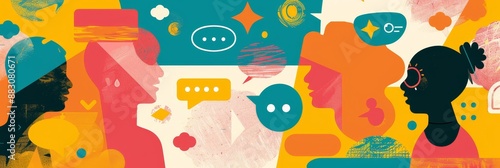 Conversation and Communication Illustration - Colorful illustration of four people communicating, symbolizing conversation and interaction. Bright colors and abstract design create a dynamic and energ