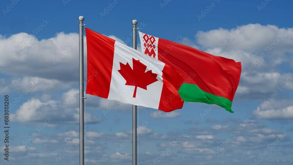 Belarus and Canada flags flying together, video concept of the relationship, two country cooperation concept Belarus and Canada flags flying together, video concept of the relationship, two country cooperation concept