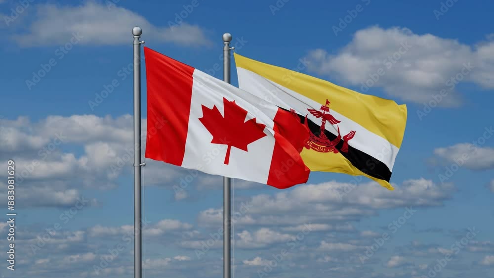 Canada and Brunei flags flying together, video concept of the relationship Canada and Brunei flags flying together, video concept of the relationship