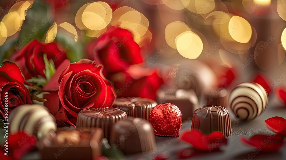 Valentine's Day roses and chocolates arranged romantically Valentine's Day roses and chocolates arranged romantically