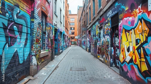 A narrow alley filled with vibrant graffiti, showcasing urban culture, eclectic and colorful, street art, high-resolution, dynamic energy © Naput