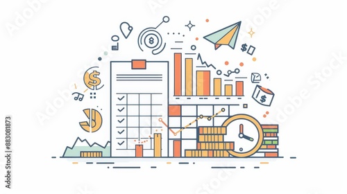 Financial Planning & Investment - Abstract illustration of financial planning and investment, featuring elements such as charts, graphs, checklists, and a clock. It represents the process of analyzing