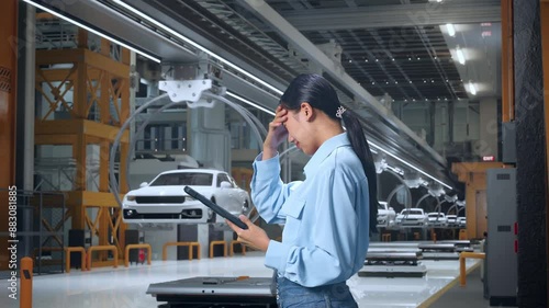 Side View Of An Asian Female Professional Worker Standing With Her Tablet In EV Car Factory, High-tech Industrial Facility, Checking With Dissapionted And Nodding Her Shead  photo