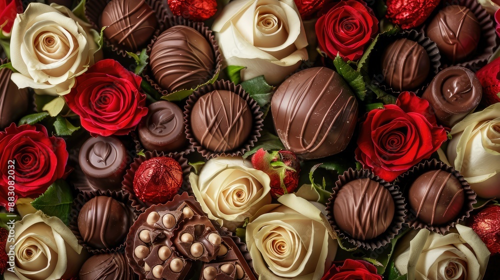 Valentine's Day roses and chocolates arranged romantically Valentine's Day roses and chocolates arranged romantically