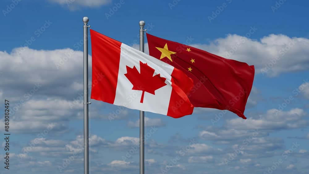 China and Canada flags flying together, video concept of the relationship, two country relations concept China and Canada flags flying together, video concept of the relationship, two country relations concept