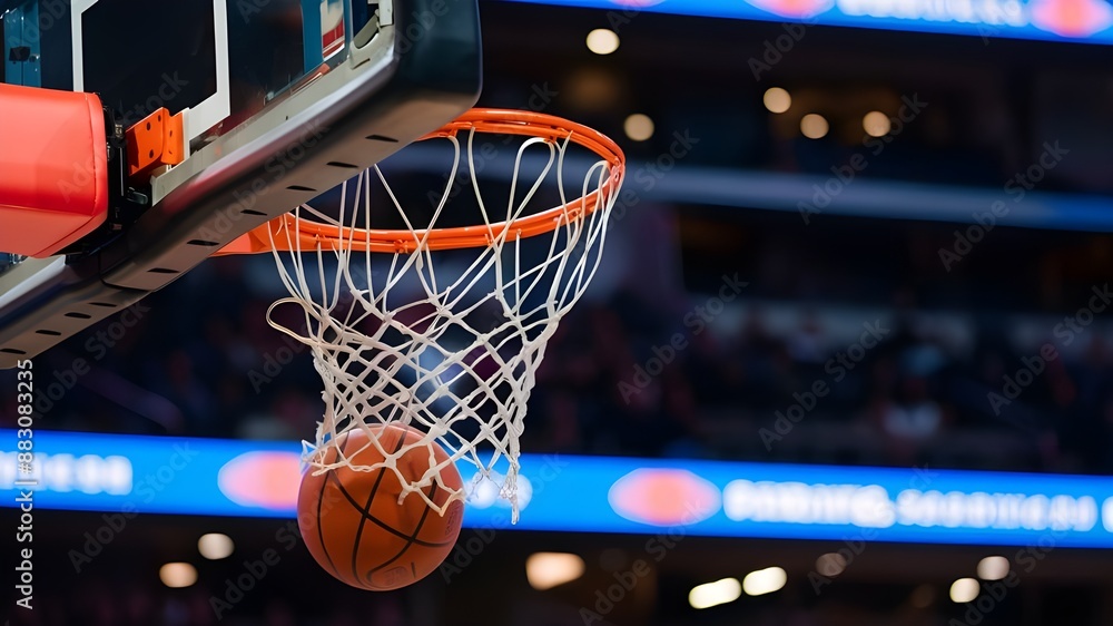 Basketball hoop and ball, scoring points in basketball game close up Basketball hoop and ball, scoring points in basketball game close up