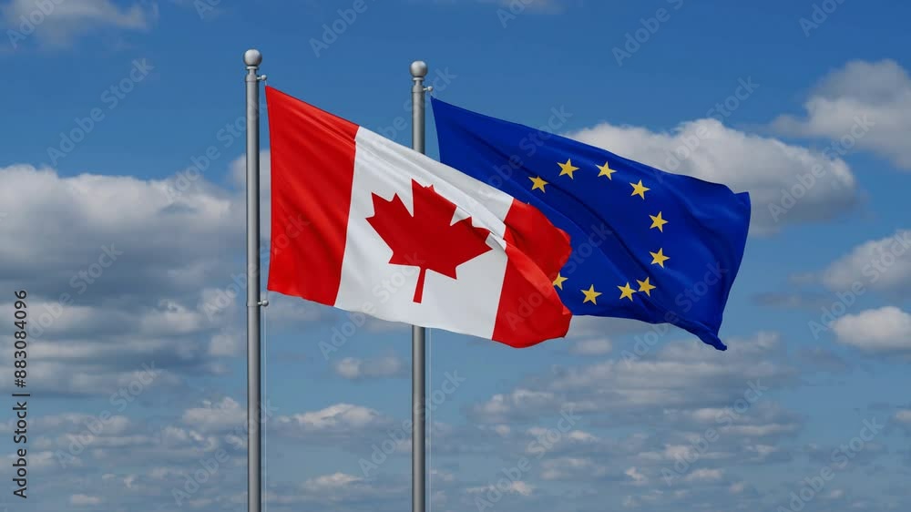 European Union and Canada flags flying together, video concept of the relationship European Union and Canada flags flying together, video concept of the relationship