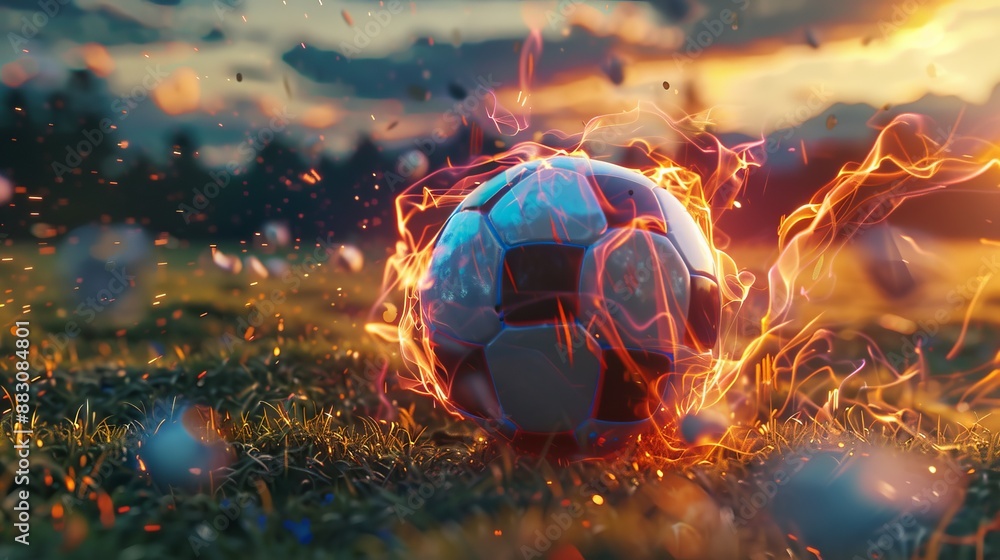 Fototapeta premium A dynamic soccer ball enveloped in a vibrant fiery energy resting on a grass field, capturing the essence of excitement and power of the game in a striking visual.