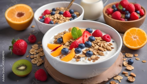 Delicious healthy eating breakfast with yogurt, fruits and seeds for muesli