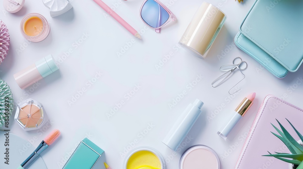 Pastel Beauty Essentials Flatlay - A flatlay showcasing a collection of pastel-colored beauty essentials, including makeup, skincare, and accessories, arranged on a white background. Pastel Beauty Essentials Flatlay - A flatlay showcasing a collection of pastel-colored beauty essentials, including makeup, skincare, and accessories, arranged on a white background.
