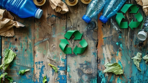 Recycling Symbol with Plastic Bottles on a Wooden Background - A green recycling symbol is displayed on a rustic wooden surface, accompanied by plastic bottles and crumpled paper bags. The image conve photo