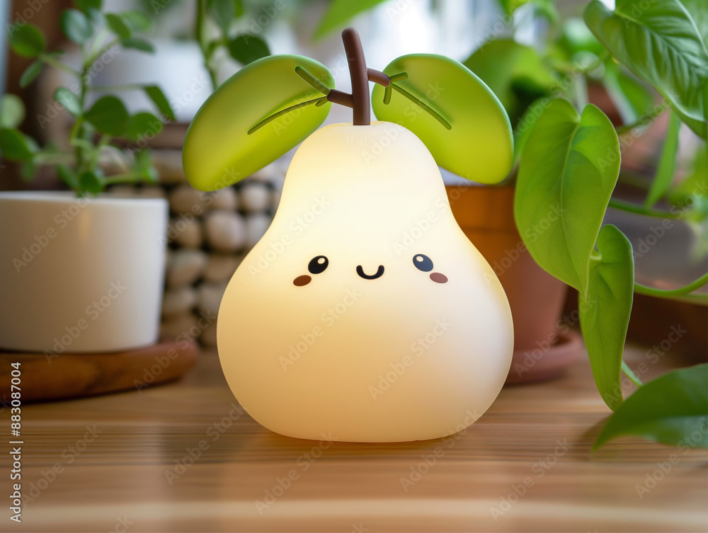 Φωτογραφία Adorable pear-shaped table lamp with a smiley face, placed among green plants creating a cozy and cheerful ambiance