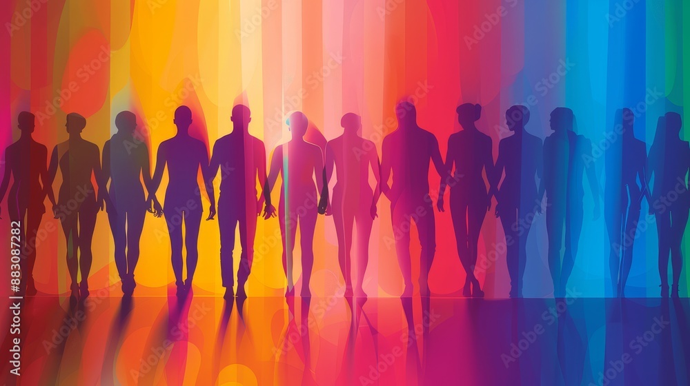 Silhouettes of People Holding Hands in Front of Colorful Background - A group of people silhouetted in front of a colorful background. They are holding hands, symbolizing unity and togetherness. Silhouettes of People Holding Hands in Front of Colorful Background - A group of people silhouetted in front of a colorful background. They are holding hands, symbolizing unity and togetherness.
