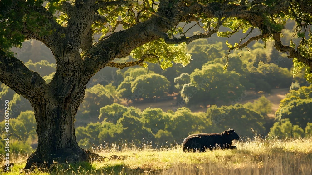 Serene Black Sheep Resting Under Majestic Oak Tree in Tranquil Countryside Serene Black Sheep Resting Under Majestic Oak Tree in Tranquil Countryside