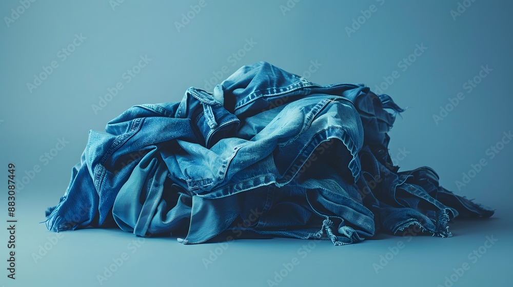 Pile of blue colored folded and crumple denim pants placed in light studio. Pile of blue colored folded and crumple denim pants placed in light studio.