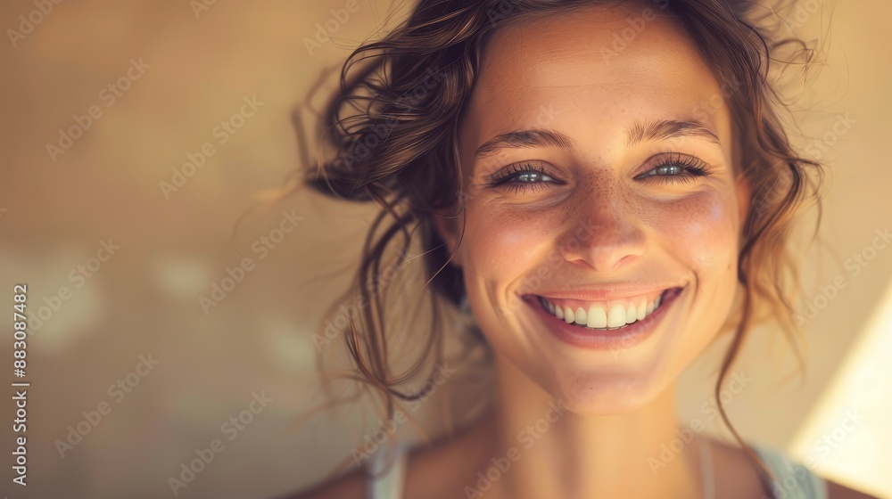 Φωτογραφία Smiling Woman with Brown Hair and Blue Eyes - A portrait of a beautiful woman with brown hair and blue eyes smiling brightly