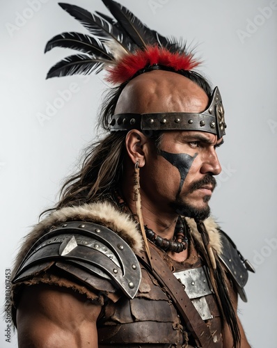 barbarian warriorr side view portrait on plain white background photo