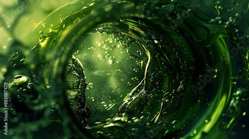 A detailed view inside a green bottle with a faint glow and abstract liquid formations photo