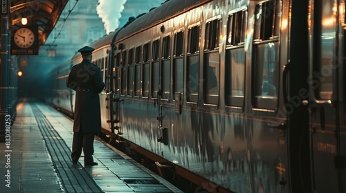 An historic train conductor in uniform stands beside a vintage train in an old station. The dim lighting and vintage clock capture the nostalgic essence of railway travel.