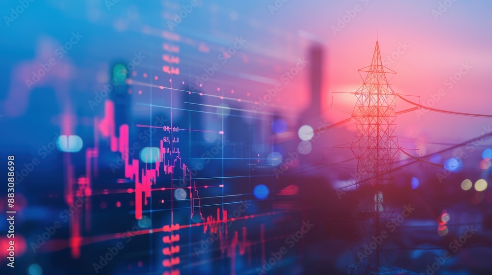 Fototapeta premium Abstract background with digital financial stock market chart and electricity grid, featuring data visualization of energy tables on glass panel.
