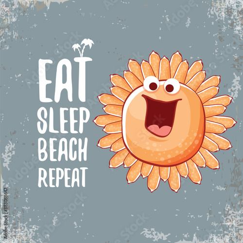 Eat sleep beach repeat vector concept illustration or hello summer poster. Vector funky sun character with summer quote cover design template. summer party fun logo, banner and icon on sky background