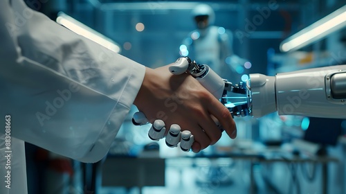 The future of AI and human partnership: a handshake between a scientist and a robotic hand in a modern research lab setting