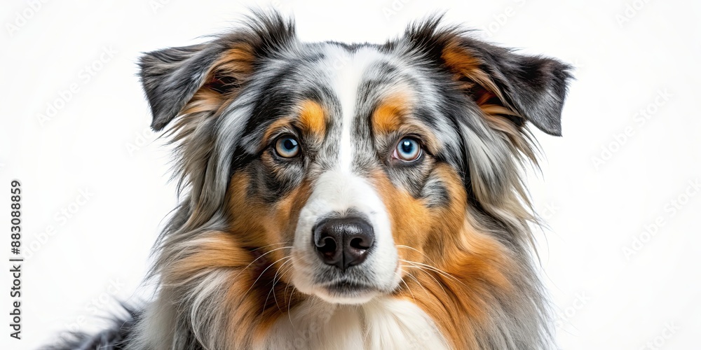 Fototapeta premium Australian Shepherd dog with long fur and distinctive blue merle coat, herding, intelligent, loyal, active, energetic