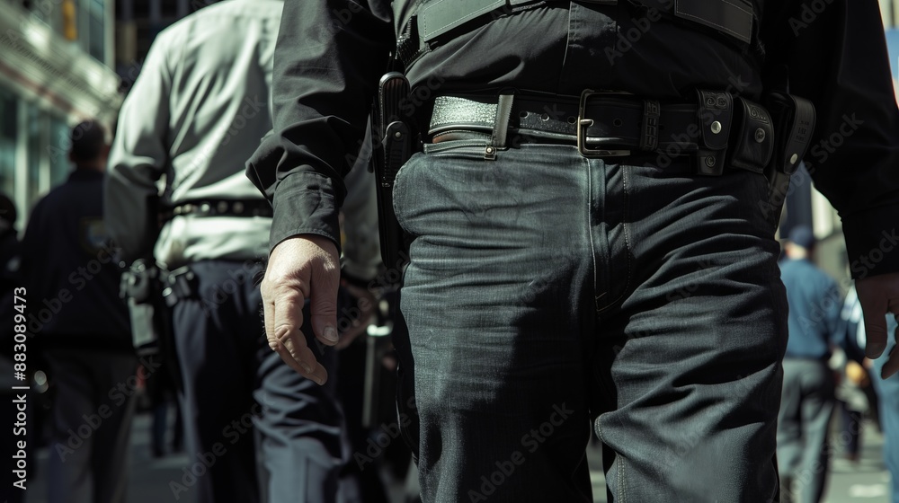 This image shows a close-up of law enforcement officers in uniform on duty, with the focus on one officer in the foreground and others in the background. This image shows a close-up of law enforcement officers in uniform on duty, with the focus on one officer in the foreground and others in the background.