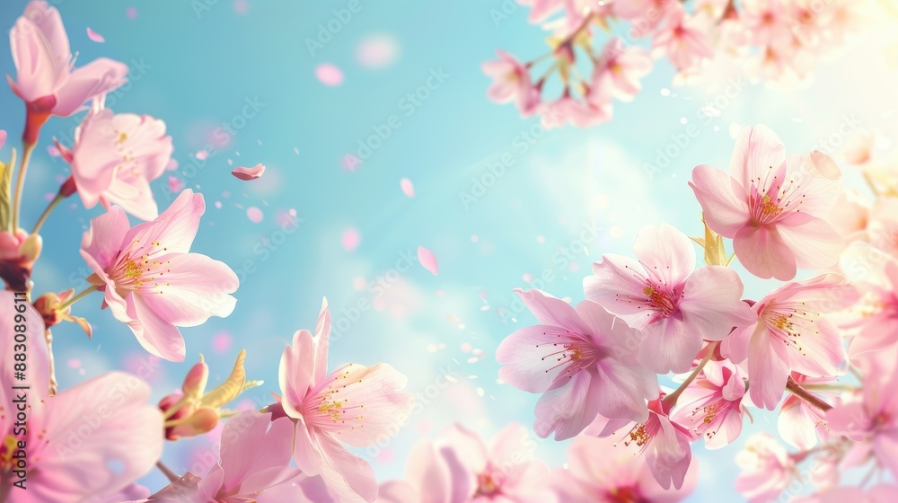 Beautiful pink sakura flowers in full bloom, with a blue sky backdrop, ideal for spring nature backgrounds. Beautiful pink sakura flowers in full bloom, with a blue sky backdrop, ideal for spring nature backgrounds.