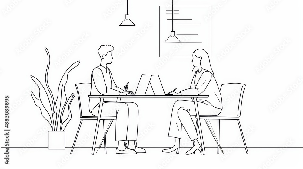 Two People Working at a Desk - A simple line art illustration depicting two people working at a desk in an office setting. Two People Working at a Desk - A simple line art illustration depicting two people working at a desk in an office setting.