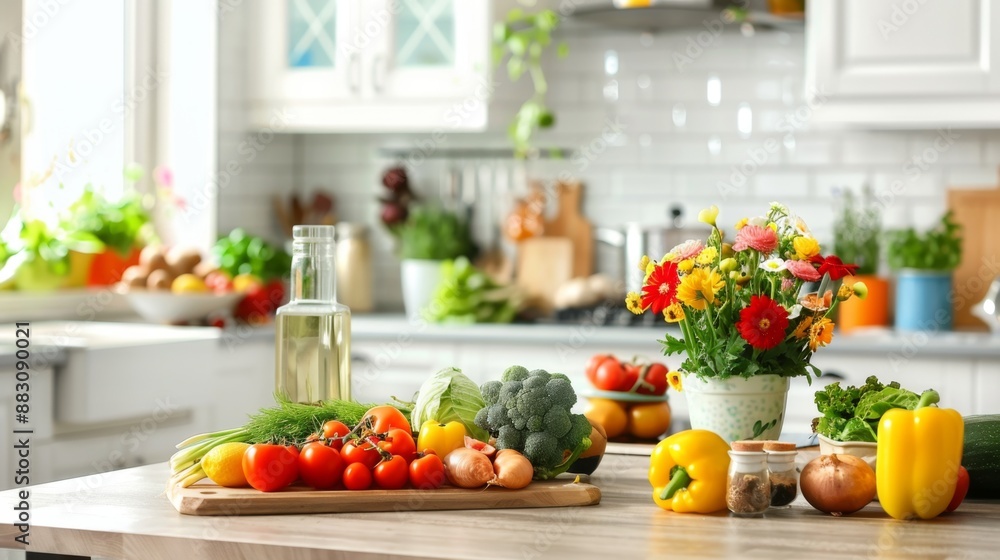 Fresh Vegetables and Flowers on Kitchen Countertop. Fresh Vegetables and Flowers on Kitchen Countertop.