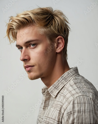 young handsome blonde guy side view portrait on plain white background
