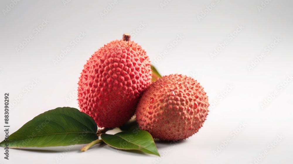 Closeup view of fresh lychee fruits with green leaves on white background Closeup view of fresh lychee fruits with green leaves on white background