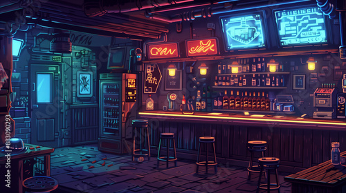 A run-down dieselpunk bar with neon lights and shady characters , pixel art, game assets