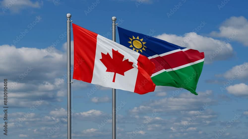 Canada and Namibia flags flying together, video concept of the relationship, two country relations concept Canada and Namibia flags flying together, video concept of the relationship, two country relations concept