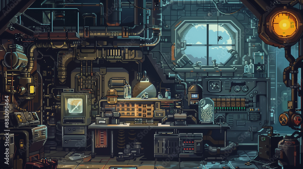 Fototapeta premium A dieselpunk laboratory with experimental machines and test tubes , pixel art, game assets